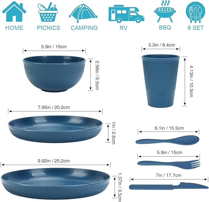 OAMCEG Plates and Bowls Sets Kitchen 42 Pcs, Plastic Wheat Straw Dinnerware Set, Dinner Plate/Dessert Plate/Cereal Bowl/Cup/Flatware Set, Dishwasher Microwave Safe, Outdoor Camping Dishes, Navy