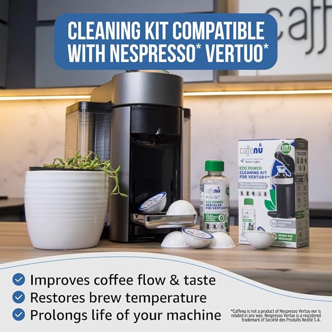 Caffenu Descaling Kit Compatible with Nespresso Vertuo, 2 Uses Descaling Solution and 6 Cleaner Pods. Removes Limescale & Cleans Pod Area. Better Tasting & Hotter Coffee. 4 Months Supply.