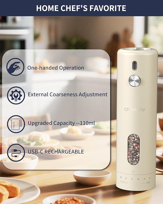 CIRCLE JOY Rechargeable Electric Salt and Pepper Grinder Set with Base, Automatic Pepper Mills with 110ml Container, External Adjustable Coarseness, White Led Light and One-Handed Operation, Begie