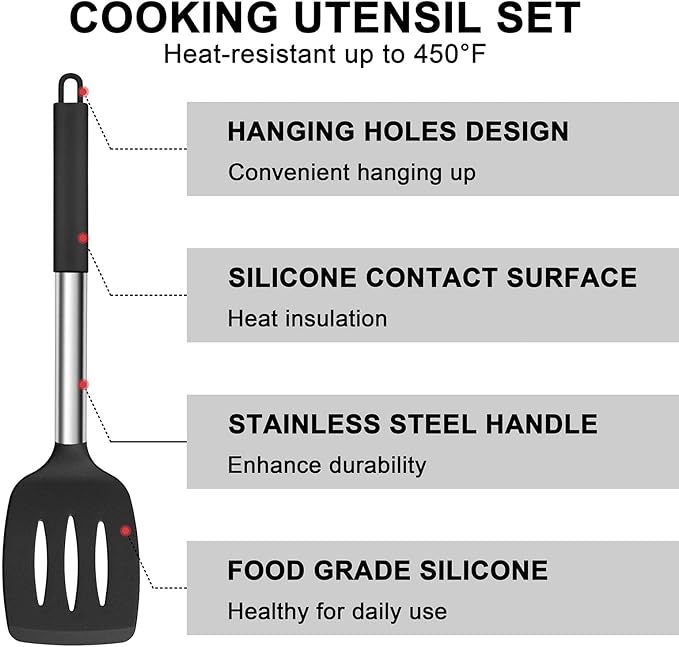E-far Silicone Cooking Utensils Set, 7 Pcs Heat Resistant Kitchen Utensils with Stainless Steel Handle, Slotted Turner, Spoon, Soup Ladle, Pasta Server, Skimmer, Tongs for Nonstick Cookware, Black