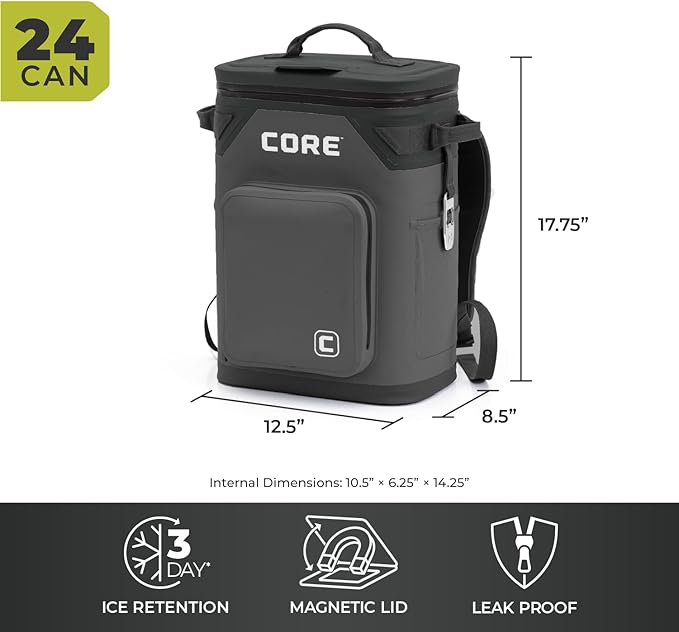 CORE Magnetic Leak Proof Soft Cooler with Waterproof Zipper | Insulated Bag Portable Ice Chest Box | Best Soft Cooler for Food & Beverages for Tailgating, Car Camping, Travel, and Family Beach Picnics