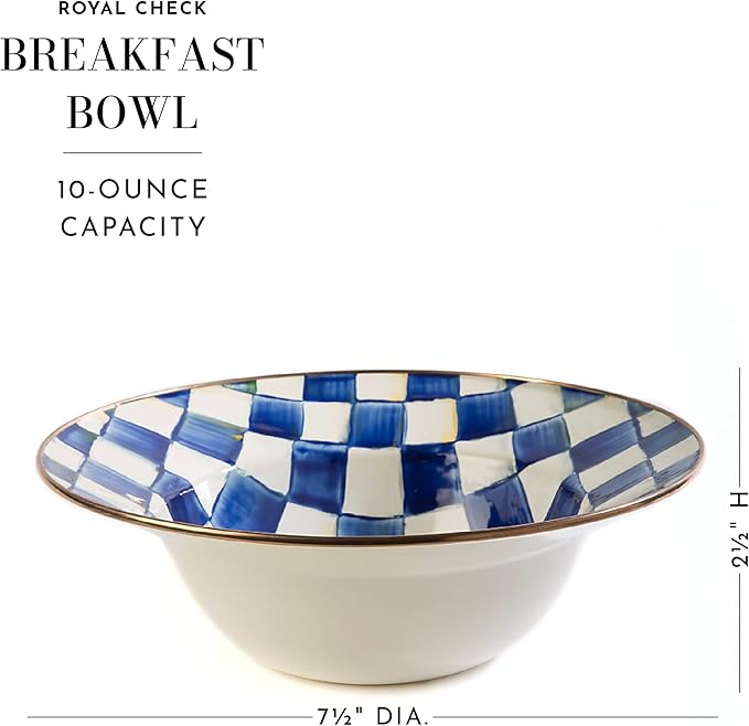 MACKENZIE-CHILDS Enamel Breakfast Bowl, Unique Soup Bowl or Cereal Bowl, Dinnerware, Blue-and-White Royal Check, Set of 1