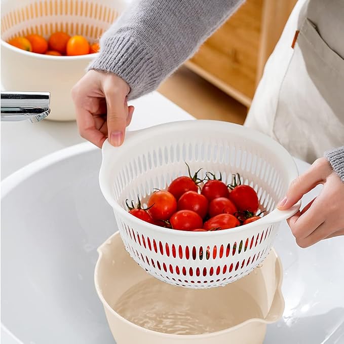 2 in 1 Kitchen Colander Set with Bowl Strainer (2 Sets 3 Qt),BPA Free Plastic Fruits and Vegetable Washing Basket,Dishwasher Friendly Double Layered Drain Basin,for Pasta Salad Berry Cleaning Mixing