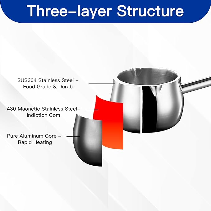 IMEEA Mini Butter Warmer Pot with Long Handle Induction Milk Warmer Pot Small Saucepan SUS304 Tri-Ply Stainless Steel (10oz/300ml)
