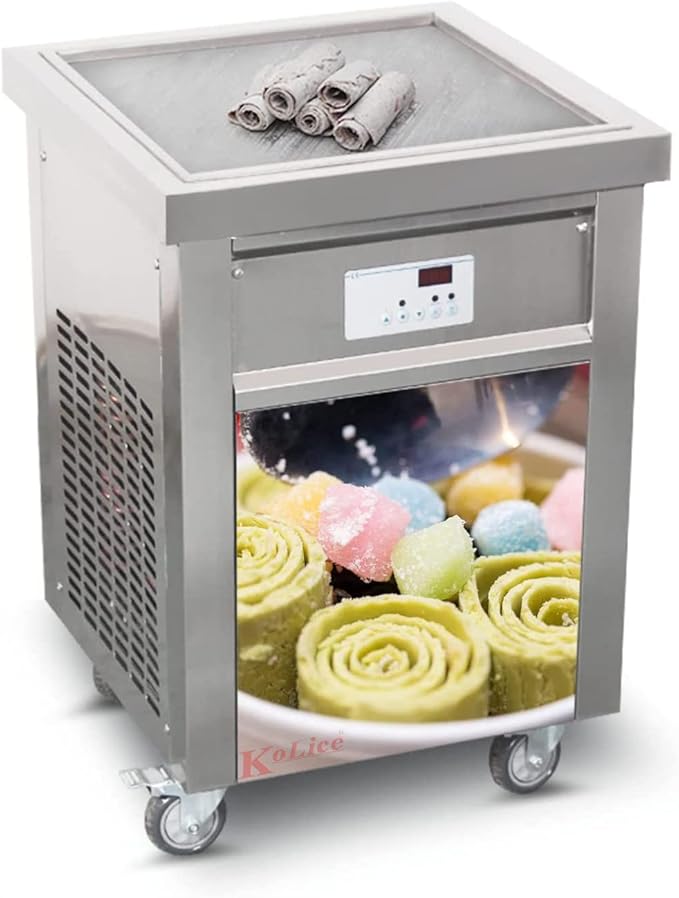 Kolice Commercial ETL NSF certificated 21"x21" Single Square Pan Fried Ice Cream Machine, Frozen Yogurt Roll Ice Cream Machine, Fry Ice Cream Roll Machine-auto defrost, smart AI temp. control