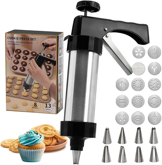 Stainless Steel Cookies Press, Cookies Press for Baking,Cookie Press Gun Kit with 13 Cookie Discs and 8 Piping Tips for DIY cake Maker Decorating Baking Supplies