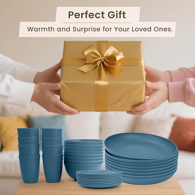 Homienly Wheat Straw Plates and Bowls Set, Premium Wheat Straw Dinnerware Sets- Dinner Plate, Dessert Plates, Cereal Bowls, Drinkig Glasses, Microwave and Dishwasher Safe Dish Set for Camping - Blue