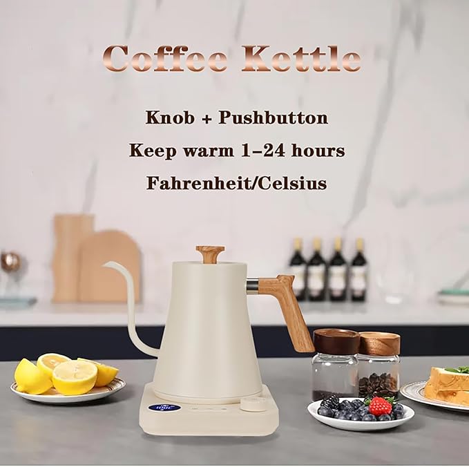 Gooseneck Electric Kettle,Electric Kettles, ±1℉ Temperature Control, Ultra-Quiet 304 Stainless Steel, for Coffee, Tea & Milk, Auto Boil Detection, 8 Safety Protections & Memory Function(white, 0.9L)