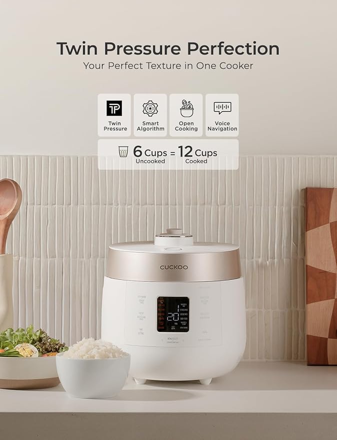 CUCKOO CRP-ST0609FW 6-Cup (Uncooked) / 12-Cup (Cooked) Twin Pressure Rice Cooker & Warmer with Nonstick Inner Pot, 16 Menu Options, 3 Voice Guide, Auto Clean (White)