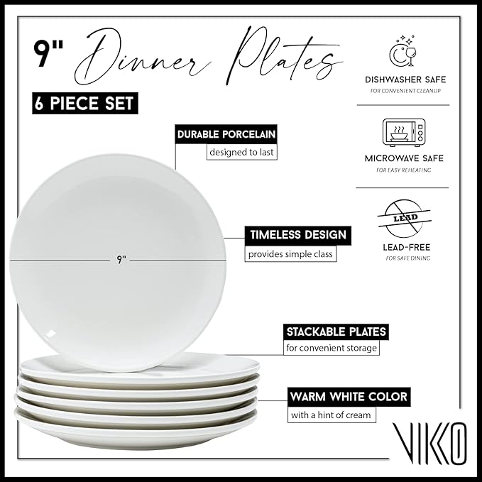 Vikko Dinner Plate, Set of 6 White Plates, 9 Inch Ceramic Dinner Plates Set, Stackable Dinner Plates for Every Day and Special Occasion, Restaurant Style, Dishwasher Safe, Microwave Safe
