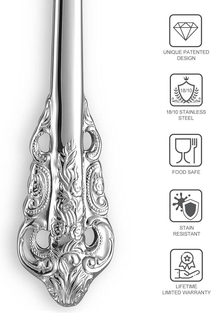 KEAWELL Luxury 45-Piece Silverware Set, 18/10 Stainless Steel, Service for 8, Mirror Finish, Antique Baroque Design, Dishwasher Safe (Silver)