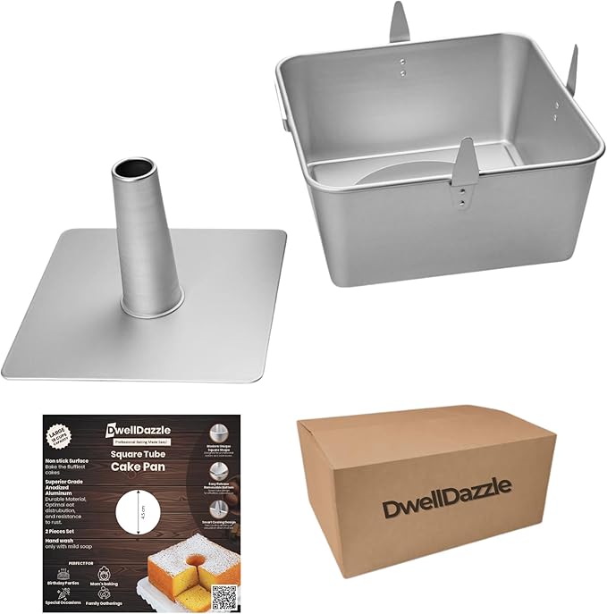 Square Tube Cake Pan 18 Cups - 2-Pcs Set Angel Food Cake Pan with Removable Bottom – Non-Stick Aluminum Pans for Baking Pound, Chiffon Cakes – 10-inch Angel Mold with Cooling Feet