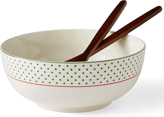 Spode Christmas Tree 10" Serving Bowl & Wooden Servers, Polka Dot - Ceramic Serving Bowls & Party Bowls for Holiday Celebrations - Salad Bowls and Soup Bowls for Dining - Christmas Table Setting
