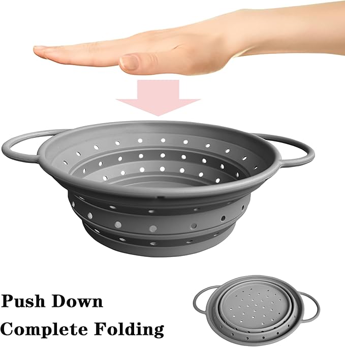 Silicone Collapsible Colander with Handle, Kitchen Colander for Easy Storage,Four-side Fast Draining Silicone Draining Basket, Perfect for Fruits Vegetables (Gray L+M)