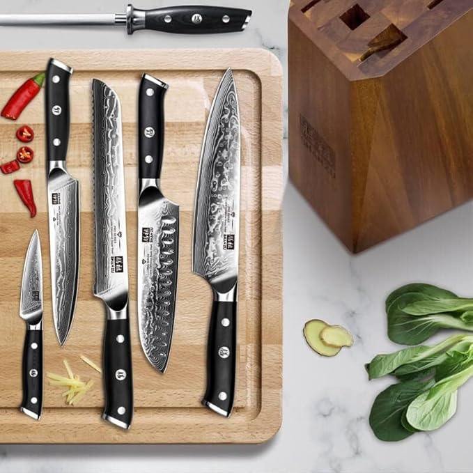 SHAN ZU Damascus Kitchen Knife Set, 7-Piece Professional Knife Sets for Chefs, Japanese Super Steel Damascus Kitchen Knife Set With G10 Handle Knife Block Set