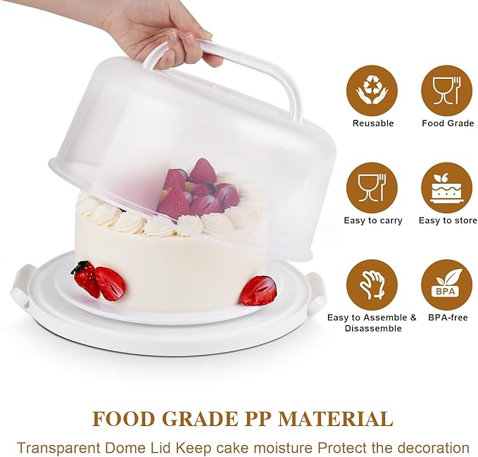 Cake Carrier with Lid and Handle, Multipurpose Cake Stand Fits 10 inch Cake, Cupcake Containers for 11 Cupcakes,Cake Holder Serves as Five Section Serving Tray, Portable Cake Carriers, White