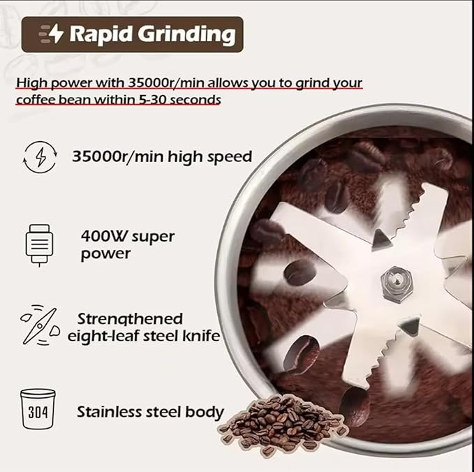 Electric Coffee Grinder, Grain mills, Spice Grinder Electric, Household Small Powder Grinding Machine, Herb Grinder, Multifunctional Grinding Machine with 304 Stainless Steel Blade