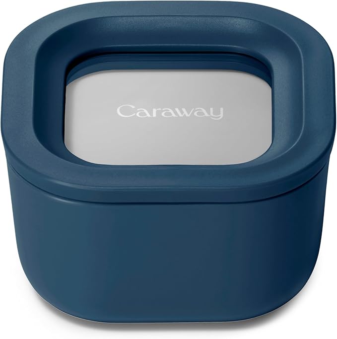 Caraway Mini Square Food Storage Container - 1.75 Cup Glass Storage Container for Food - Non-Toxic Ceramic-Coated Glass - Air Release Technology - Compact & Stackable Design - Navy