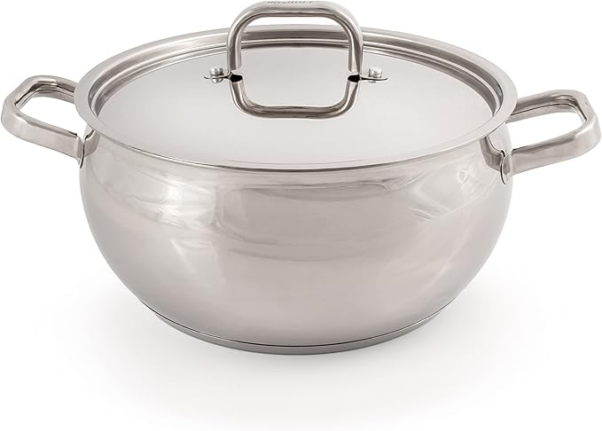 BergHOFF Belly Shape 18/10 Stainless Steel 9.5 inches Stockpot 5.5qt., Metal Lids, Fast, Evenly Heat, Induction Cooktop Ready