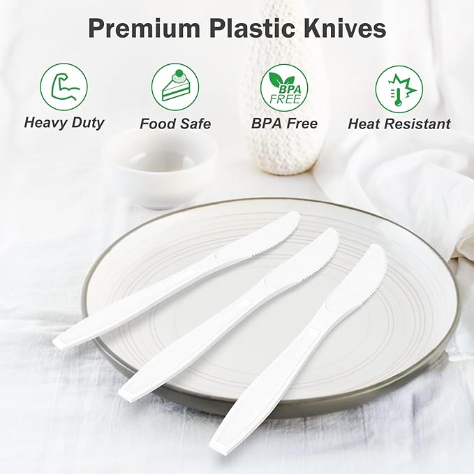 360 Count Extra Heavy Duty White Plastic Knives Disposable, BPA-Free, Heat Resistant, Solid and Durable Disposable Knives Bulk, Premium Plastic Knives heavy duty for Party Supply
