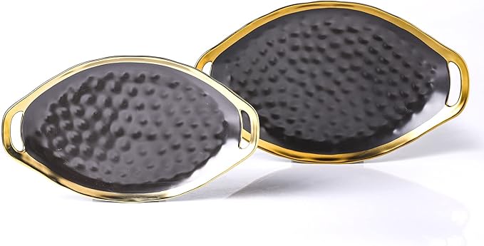 Stone Lain Florian Porcelain Large and Medium Oval Platters with Handle, Service Set, Black with Gold Rim