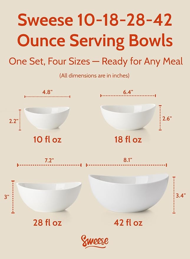 Sweese Porcelain Serving Bowls Set, 10-42 oz, Versatile for Salad, Soup, Snacks, Microwave Dishwasher Safe, White