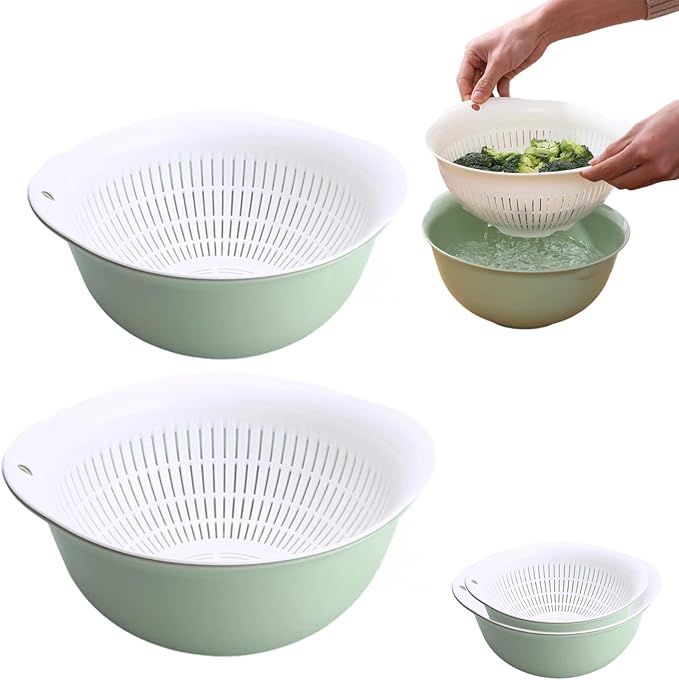 Colander Bowl Set of 2, Nesting Large Capacity Plastic Food Strainer for Pasta, Vegetables and Fruits Washing Draining Basket, Space Saving, BPA Free