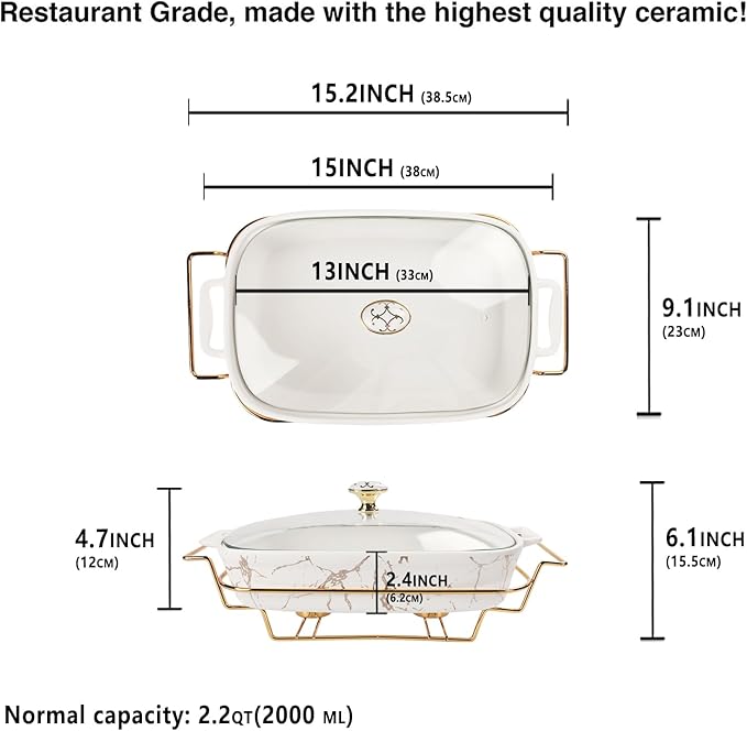 13" x 9" Ceramic Casserole Dish with Glass Lid and rack, 2.2 Quart Serving Soup Tureen,Chafing Dish for Buffet, Family Food preserve Tray, Catering Casserole for Party Style