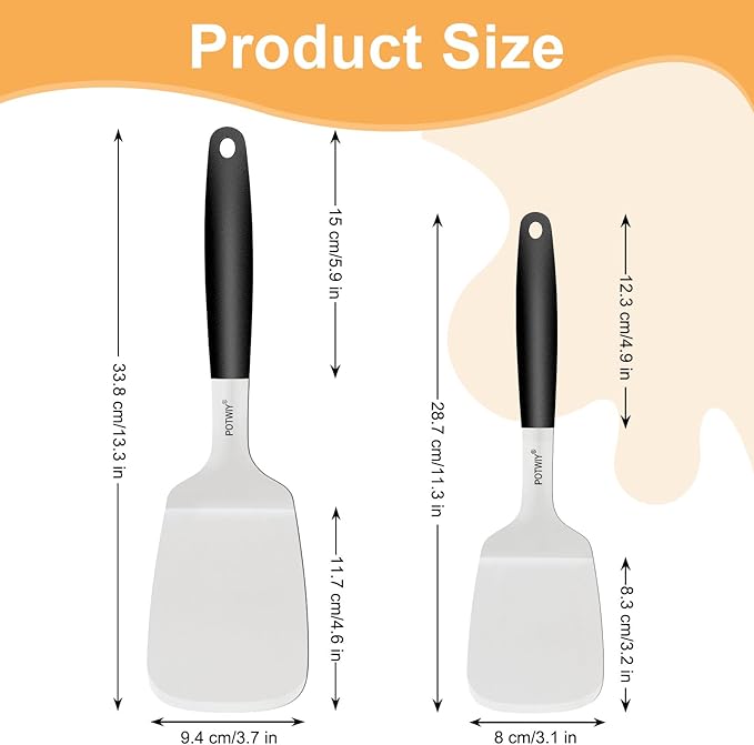 2-Piece Stainless Steel Spatulas Set, 13.3" & 11.3" Metal Spatula for Cooking Cast Iron Skillet and Flat Top Grill, Heavy Duty Turner with Silicone Handle for Flipping Steak, Burgers, Pancake