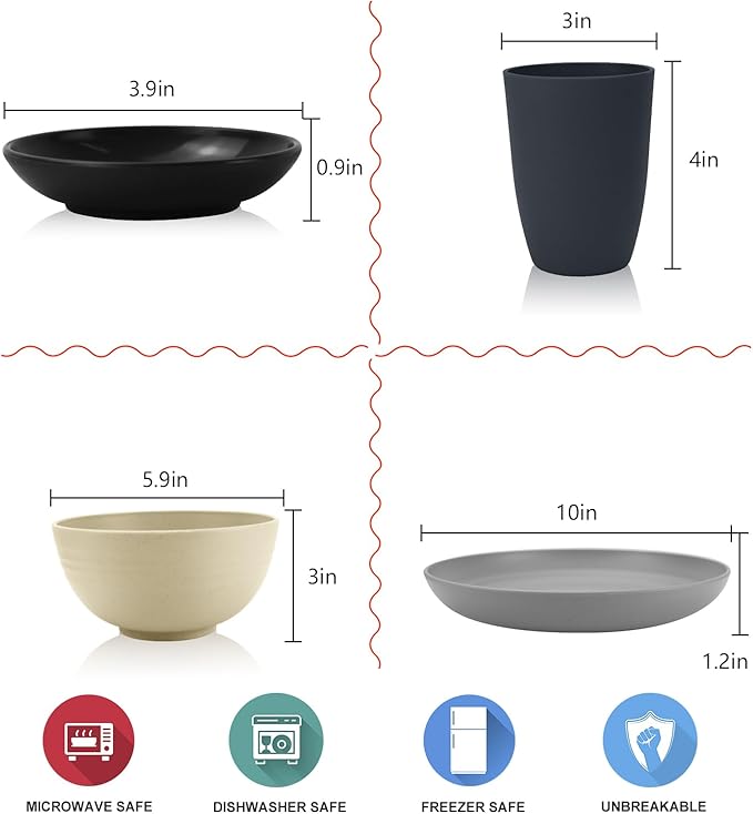 Wheat straw plates and bowls sets of 16 - Unbreakable wheat straw dinnerware sets for camping - Dishwasher safe and Freezer safe Dishes. Black & Grey