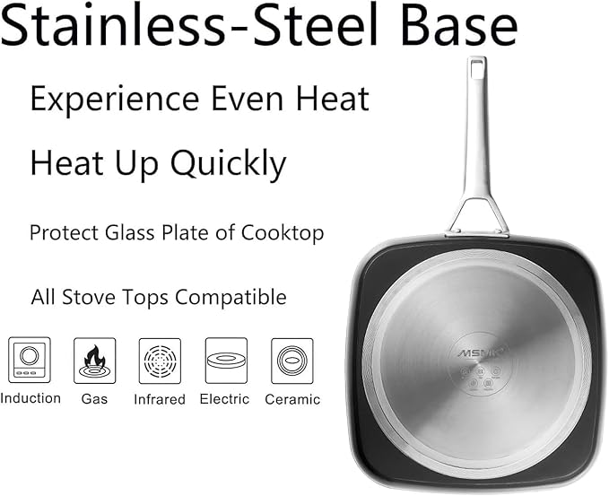 MsMk 11 Inch Induction Grill Pan, Bacon Carbonize also Nonstick, PFOA Free Non-Toxic, Stay-Cool Handle, Scratch-resistant, Induction Griddle Pan for Stove Top