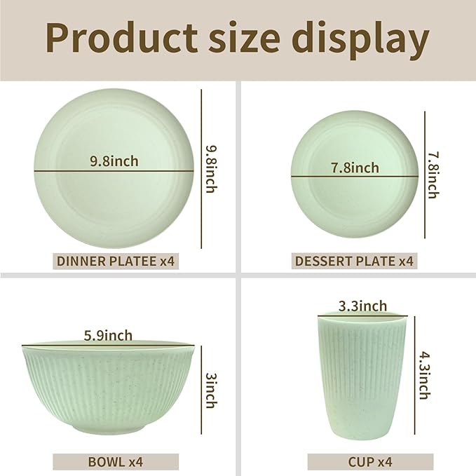 Wheat Straw Dishes Set for 4, Dinnerware Sets 16 piece, Unbreakable Plates, Bowls, Cups Sets for Kitchen Parties Camping RV - Green