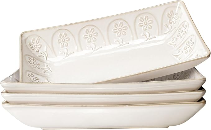 Artena Ceramic Pasta Bowls Set of 4-9.85 Inch Large Salad Bowls, 25 oz Serving Bowls for Soup, Dinner & Party - Embossed Microwave Safe Kitchen Dishes, Rectangle Plates (Pinwheel Flower)