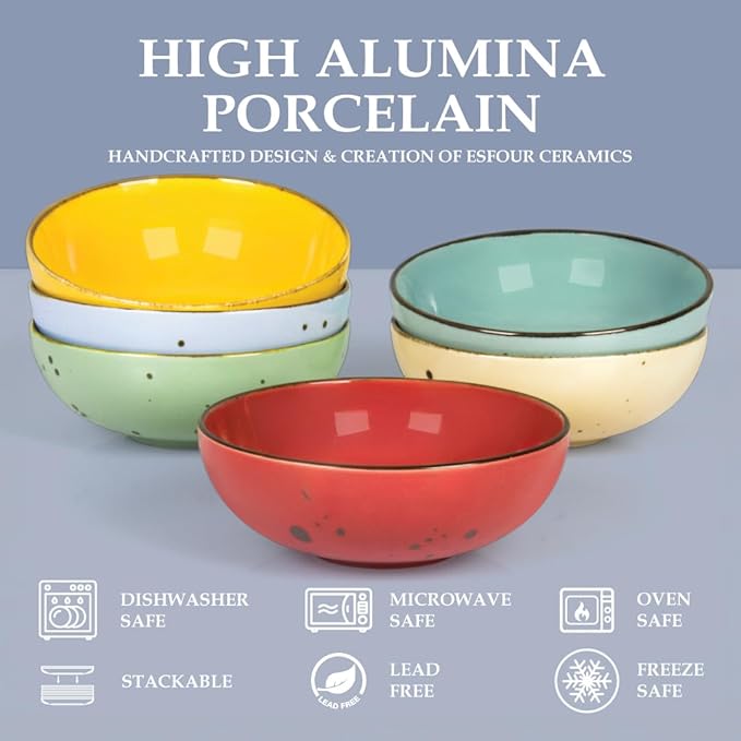 Esfour Round Porcelain Bowls - 18 Ounce - Set of 6 - Microwave, Oven, Dishwasher-Safe, Scratch Resistant, Porcelain Durable Small Dishes Bowls for Cereal, Salad, Pasta, Soup Dessert - Assorted Vivid