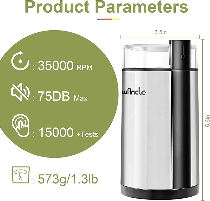 Coffee Grinder, Wancle Electric Coffee Grinder, Quiet Spice Grinder, One Touch Coffee Mill for Beans, Spices and More, with Clean Brush, Stainless Steel