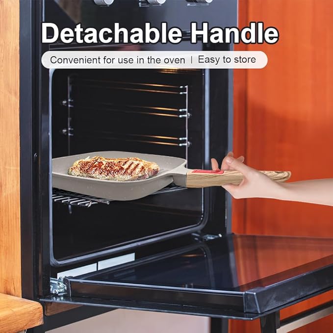 Griddle Pan with Lid, 10 Inch Cast Aluminium Non Stick Steak Pan with Detachable Handle for Induction Hob, White
