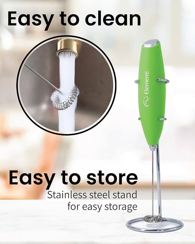 Elementi Milk Frother Wand & Matcha Whisk Set - Powerful Electric Matcha Mixer, Easy to Use Macha Wisk Kit - Craft Effortless Lattes with the Elementi Milk Frother Wand (Lime Green)