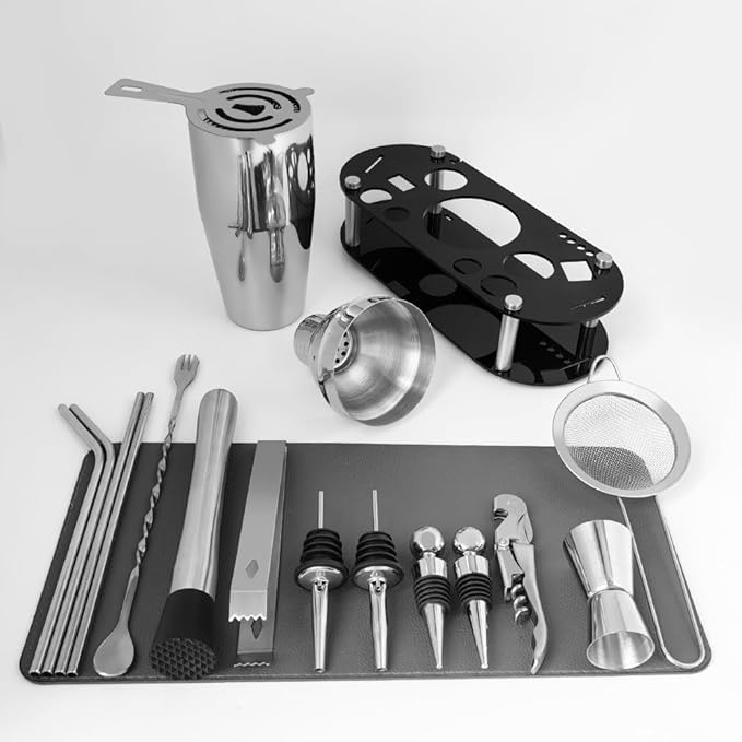 Cocktail Shaker Set Bartender Kit with Stand - 16 Piece Bar Tool Set Drink Mixer Set Includes : 25oz Shakers, Jigger, Strainer, Mixer Spoon, Muddler, Liquor Pourers, Straw (Silver)