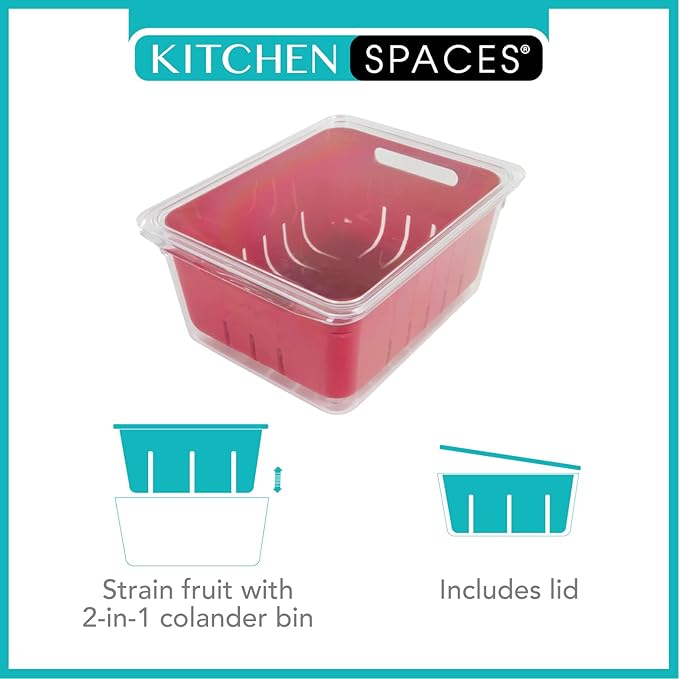 Kitchen Spaces KSCB12-AMZ Colander Bin Stackable Food Storage Organizer for Fridge, Freezer, and Pantry, 8.8" x 6.8" x 3.9", Red & Clear