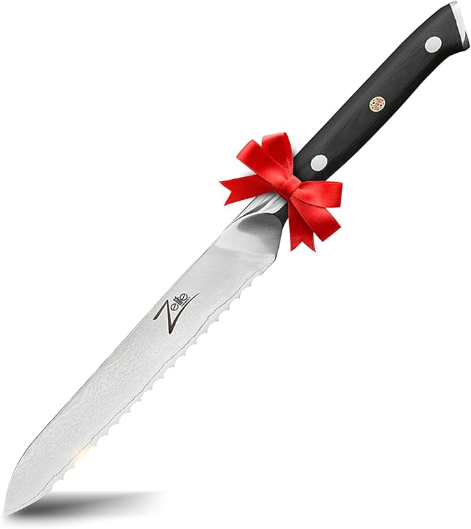 Zelite Infinity 5.5 Inch Serrated Bread Knife for Homemade Bread - Razor Sharp Japanese AUS-10 Super Steel 67-layer Damascus Knife; Sourdough Bread Knife & Bread Cutting Knife - Luxurious Gift Box