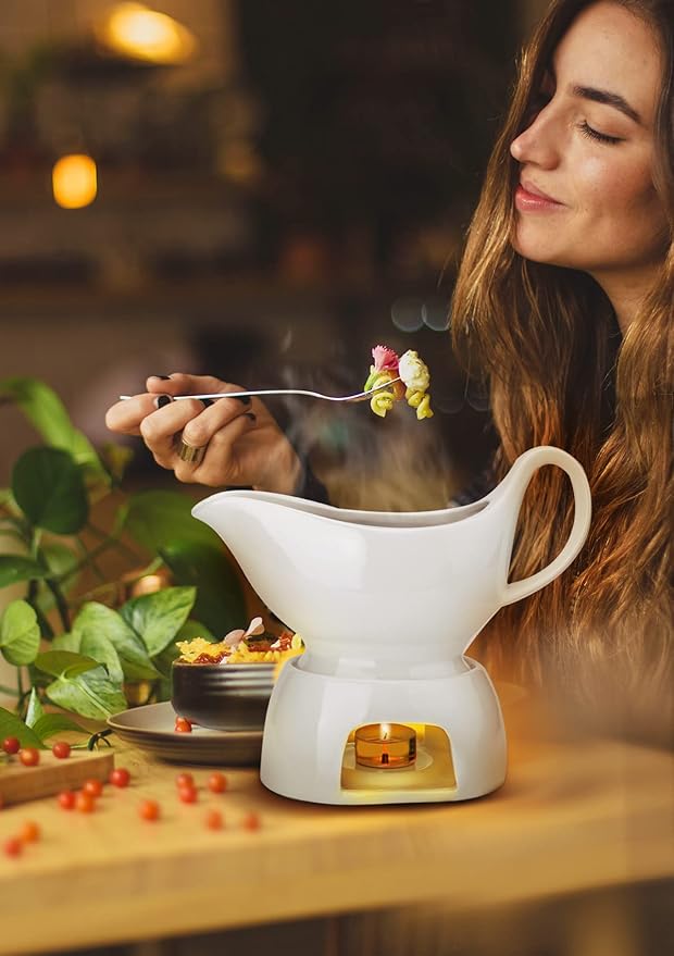 Nucookery Large Classic 17 Oz Gravy Boat with Warmer, White Fine Porcelain Saucier with Big Dripless Lip Spout, Bowl For Thanksgiving, Warming Sauces, Salad Dressings, Milk, Microwave & Freezer Safe
