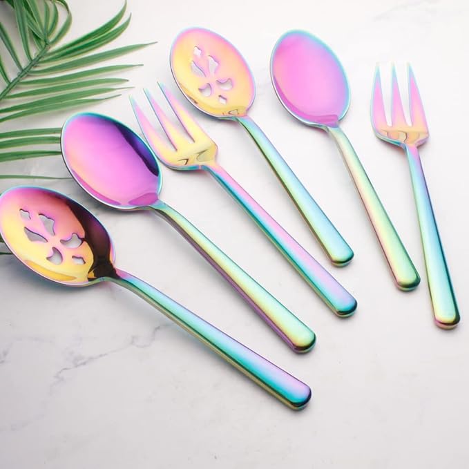Rainbow Serving Spoons*2 Slot Spoons* 2 Forks *2 Buffet Colander Stainless Steel Banquet Set, Set of 6. Lenght 9" (6-rainbow spoon forks set)