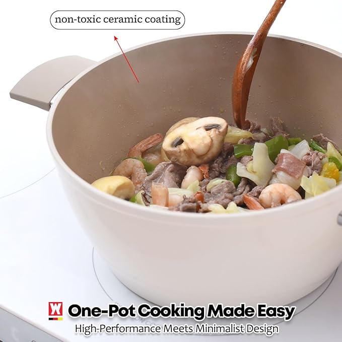 Aluminum Stock Pot with 7-Layered Ceramic Coating, Non-Stick Surface, Tempered Glass Lid, Dual Heat-Proof Handles, PFOA, PFAS, Lead, Cadmium Free, 3.63Liters /3.84Quarts