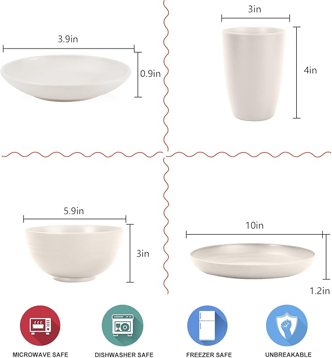 Wheat straw dinnerware sets - 28 Pieces dish sets service for 4 - Lightweight and Unbreakable Plates and Bowls Sets for Travelling and Camping.White