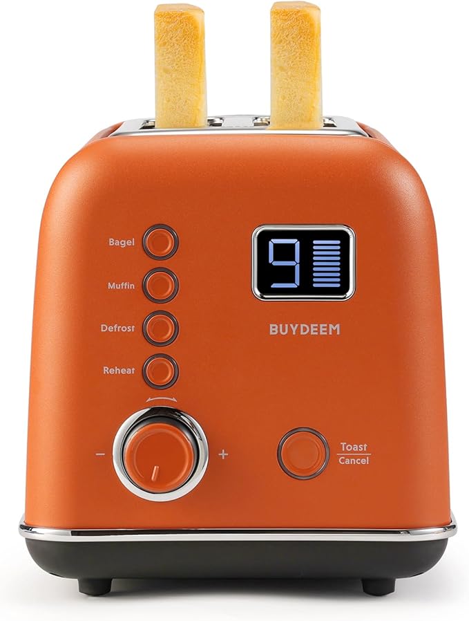 BUYDEEM DT730 Motorized Toaster, 2-Slice Smart Digital Leverless Toaster with LCD Countdown Timer, 9-Shade Settings for Toast, Bagels, Waffles, Muffins