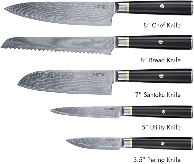Yatoshi Magnetic Kitchen Knife Block Set 6 Pcs - Japanese 67 Layer High-Grade VG-10 Damascus Steel Knives, Sharp, G10 Handle Professional Kitchen Knife Set