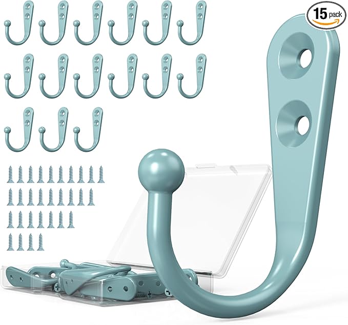 15 Pcs Black Wall Mounted Coat Hooks, Hanger Hook with 30 Pieces Screws for Towel, Key, Robe, Scarf, Bag, Cap, Coffee Cup, Mugs(Bule)