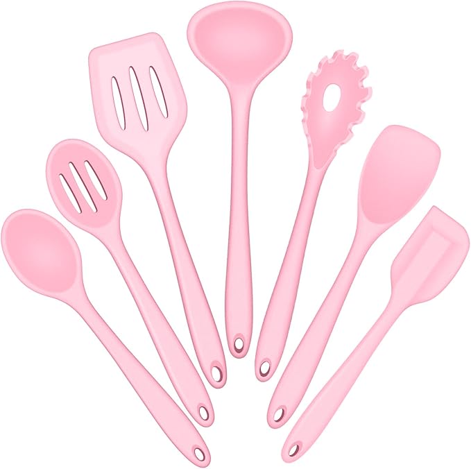 E-far Silicone Cooking Utensils Set, 7-Piece Pink Heat Resistant Kitchen Utensils Set, Kitchen Nonstick Tools Spatula Ladle Spoon Pasta Server for Non-stick Cookware, Non-Toxic & Dishwasher safe
