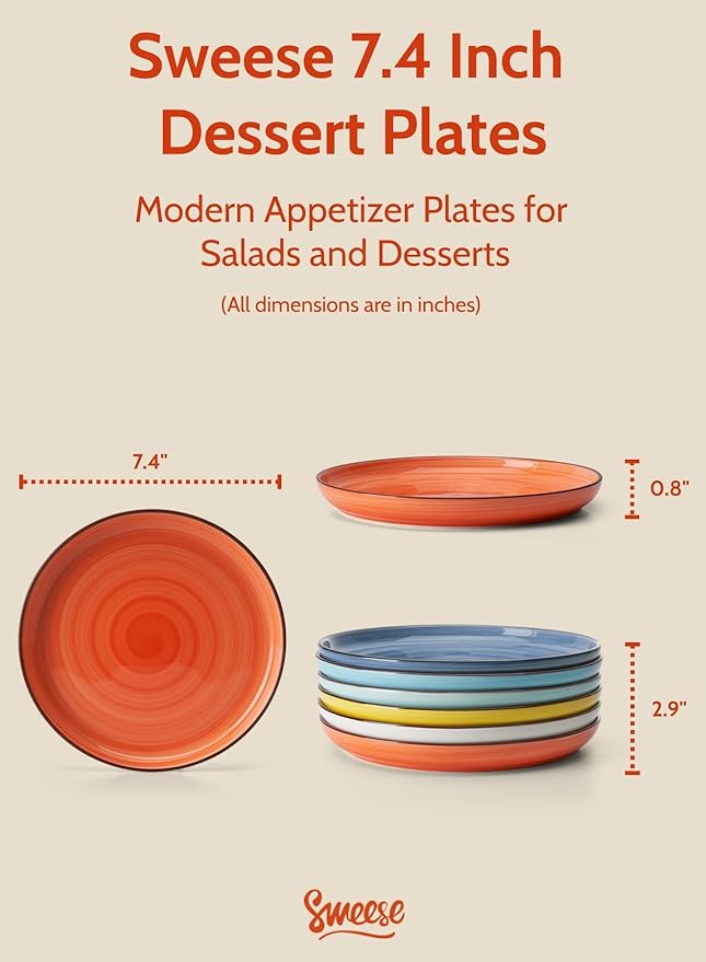 Sweese 7.4 Inch Porcelain Dessert Plates - Round Salad/Appetizer Plate Set, Microwave Dishwasher Safe, 6 Pack, Vibrant Colors