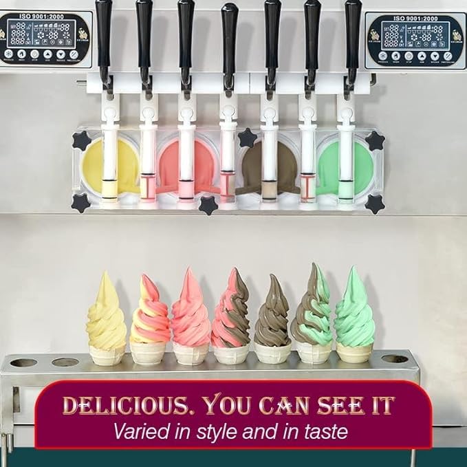 Kolice commercial ETL heavy duty tabletop 7 flavors soft serve ice cream machine, 4+3 mixed flavors frozen yogurt gelato soft ice machine-upper tanks refrigerated, full transparent dispensers